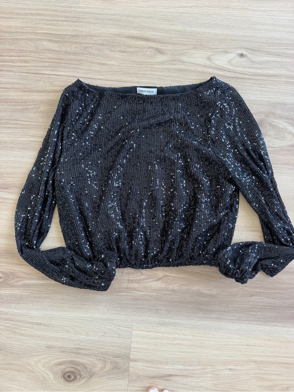 Black Sequin Long-Sleeve Crop Top